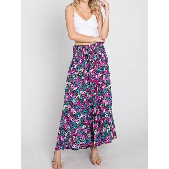 NEW EE:SOME floral maxi skirt with smocked waist & button front in fuchsia - Picture 4 of 8